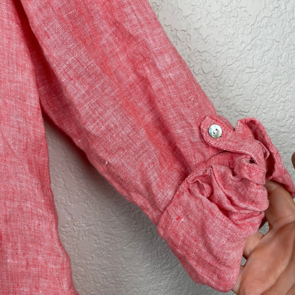 Tahari Linen Blouse Size 1X Plus Coral Faux Button Back Shirt Roll Tab Sleeves - Picture 4 of 10